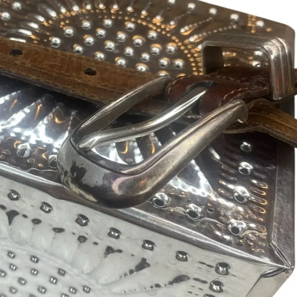 Onyx by Brighton Belt Leather Large Studded Golfer Conches Brown Silver Buckle
